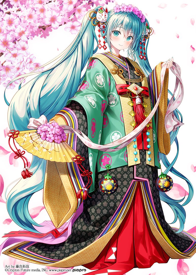 1girl black_kimono blue_eyes blue_hair branch closed_mouth commentary_request floral_print flower folding_fan fox_mask fujima_takuya full_body hair_flower hair_ornament hand_fan hatsune_miku holding holding_fan japanese_clothes karaginu_mo kimono layered_clothes layered_kimono long_hair long_sleeves mask mask_on_head petals pink_flower print_kimono simple_background smile solo twintails very_long_hair vocaloid white_background wide_sleeves