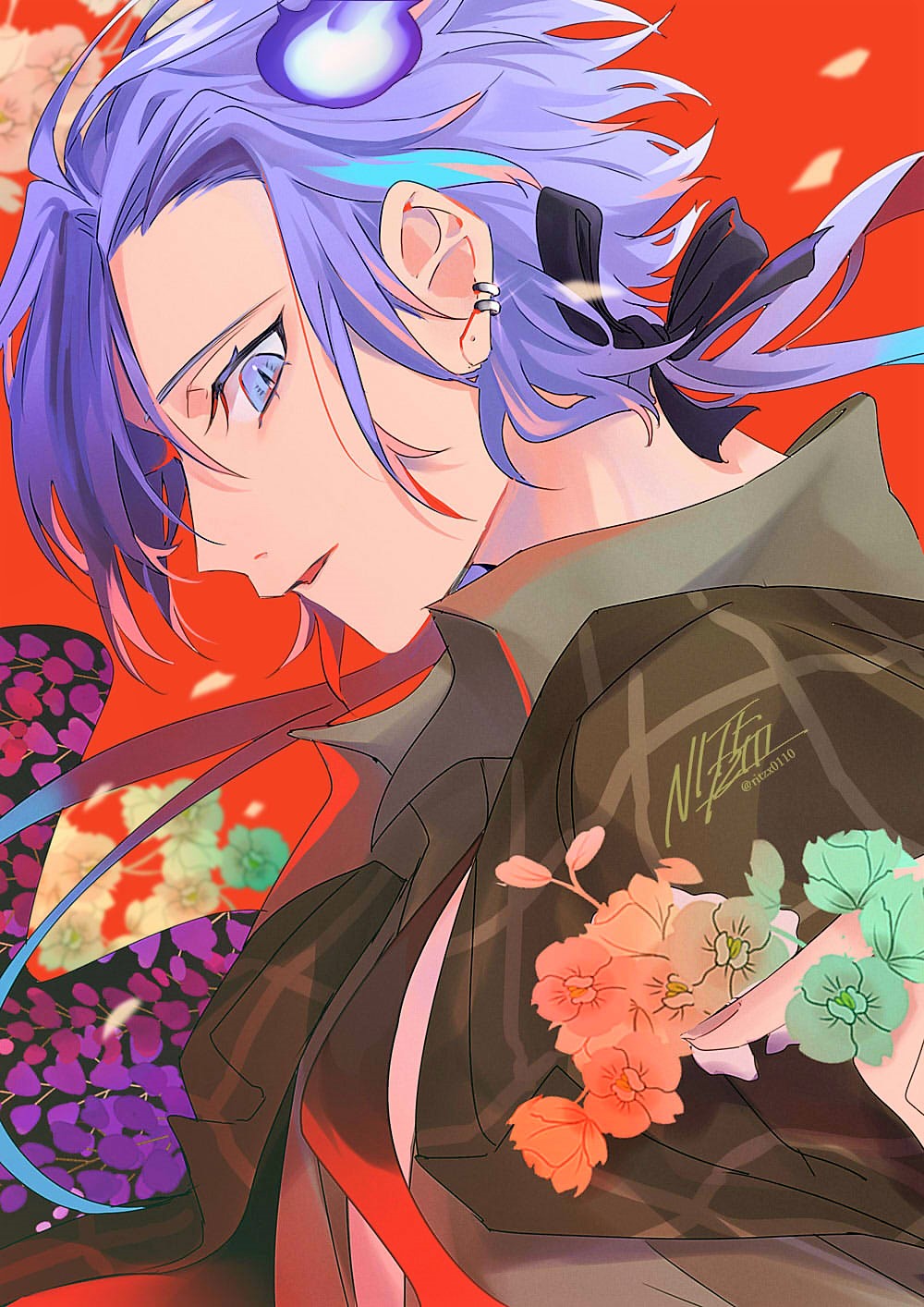 1boy aqua_hair black_cape black_ribbon blue_hair brown_jacket cape collared_shirt earrings falling_petals fingernails floral_print flower from_side gradient_flower green_flower grey_shirt hair_ribbon highres hitodama holding holding_flower holostars jacket jewelry long_hair looking_at_viewer low_ponytail male_focus minase_rio multicolored_hair official_alternate_costume open_clothes open_collar open_jacket orange_flower parted_bangs parted_lips petals pink_flower plaid plaid_jacket profile purple_hair red_ribbon ribbon ritsuno_ananda shirt sideways_glance signature slit_pupils solo streaked_hair undone_neck_ribbon upper_body violet_eyes virtual_youtuber wisteria