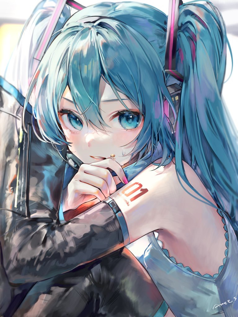 1girl ame929 aqua_eyes aqua_hair bare_shoulders black_footwear blush boots detached_sleeves grin hair_ornament hatsune_miku long_hair long_sleeves looking_at_viewer number_tattoo shoulder_tattoo sitting smile solo sunlight tattoo thigh_boots twintails very_long_hair vocaloid