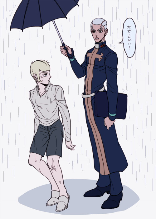 aged_down blonde_hair cassock dark-skinned_male dark_skin donatello_versus enrico_pucci hage_tashuumi holding holding_umbrella jojo_no_kimyou_na_bouken male_focus multicolored_hair priest rain robe shorts sideburns slippers stone_ocean translated two-tone_hair umbrella wet wet_clothes white_hair