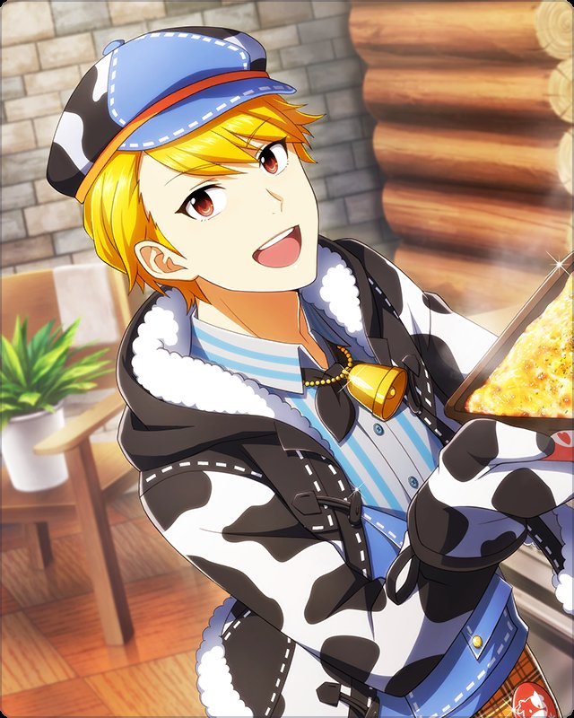 1boy bell blonde_hair collared_shirt hood hoodie idolmaster idolmaster_side-m idolmaster_side-m_growing_stars long_sleeves looking_at_viewer maita_rui male_focus mittens neck_bell official_art open_mouth plant shirt teeth upper_teeth_only