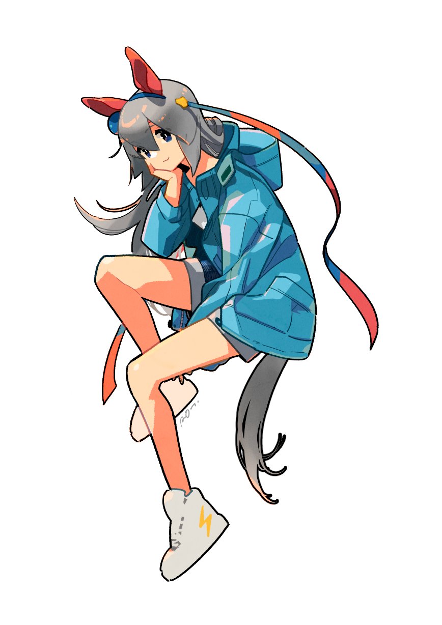 1girl alternate_costume animal_ears blue_eyes blue_jacket blue_shorts closed_mouth grey_hair high_tops highres hood hood_down hooded_jacket horse_ears horse_girl horse_tail jacket long_hair long_sleeves looking_at_viewer open_clothes open_jacket rongai_rongai shoes shorts signature simple_background smile sneakers solo tail tamamo_cross_(umamusume) umamusume white_background white_footwear