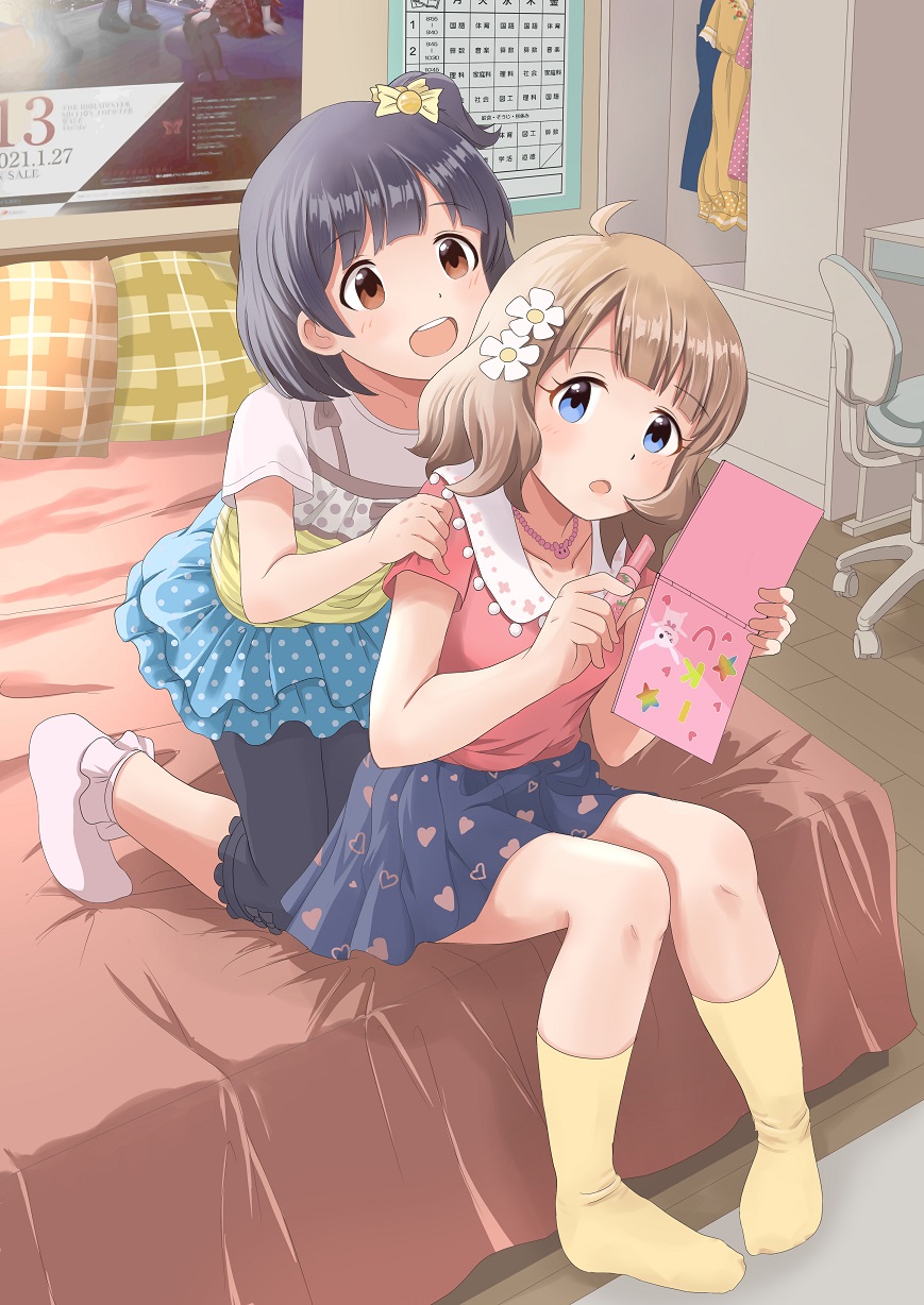 2girls :d ahoge black_hair blue_eyes blue_skirt blush brown_eyes brown_hair capri_pants closet collarbone desk flower grey_pants hair_bobbles hair_flower hair_ornament hand_mirror hand_on_another's_shoulder highres holding idolmaster idolmaster_million_live! idolmaster_million_live!_theater_days indoors jewelry kneeling lipstick looking_at_another looking_back makeup mirror multiple_girls nakatani_iku necklace on_bed one_side_up open_mouth pants pillow pink_shirt polka_dot polka_dot_skirt poster_(object) shirt short_hair short_sleeves sitting skirt smile socks suou_momoko swivel_chair white_shirt white_socks yellow_socks yukipo_p_(ss900yellowducati)