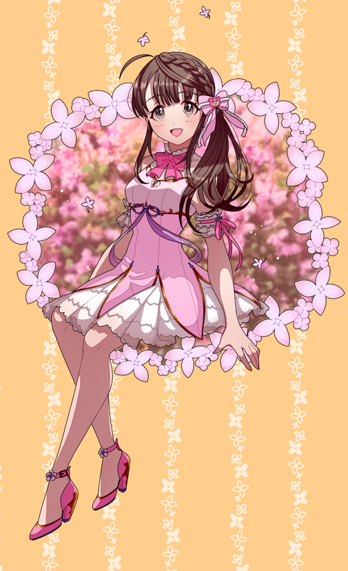 1girl ahoge ankle_belt arm_guards bare_shoulders blush bow braid brown_eyes brown_hair dress floral_background freckles hair_ribbon high_heels ich. idolmaster idolmaster_cinderella_girls idolmaster_cinderella_girls_starlight_stage layered_dress long_hair looking_at_viewer neck_ribbon okuyama_saori open_mouth pink_dress pink_footwear pink_ribbon ribbon sitting smile solo yellow_background