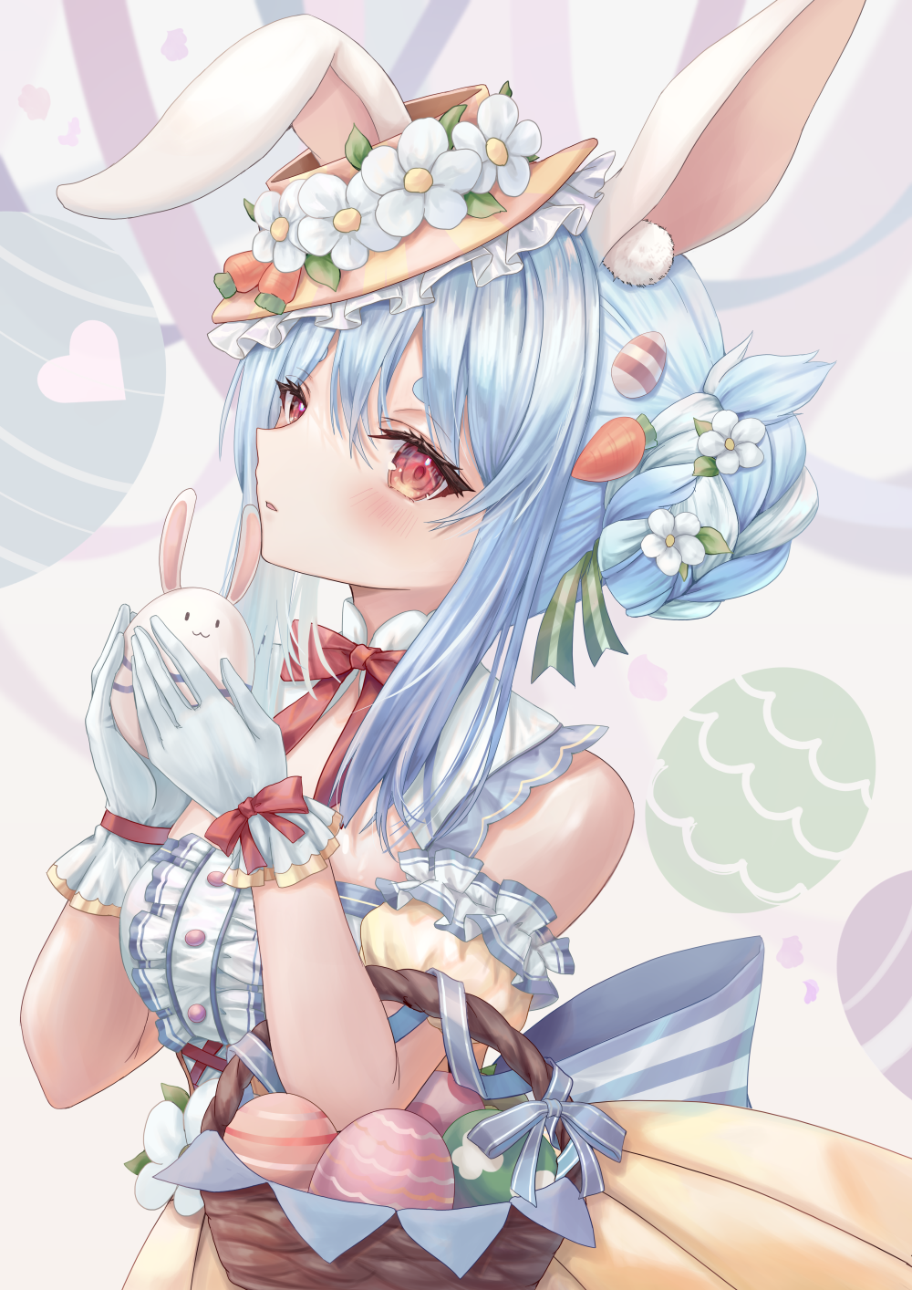 1girl animal_ears blue_hair blush carrot_hair_ornament dress easter easter_egg egg flower food-themed_hair_ornament frills gloves hair_ornament hat hat_flower highres hololive long_hair looking_at_viewer multicolored_clothes multicolored_dress multicolored_hair open_mouth orange_eyes rabbit_ears rabbit_girl short_eyebrows solo standing streaked_hair striped striped_headwear thick_eyebrows tina_oekaki usada_pekora vertical-striped_headwear vertical_stripes virtual_youtuber white_flower white_gloves
