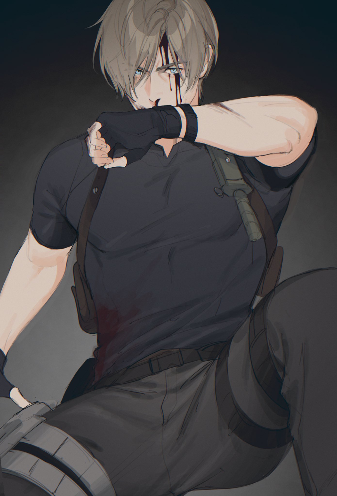 1boy abs belt black_gloves black_shirt blood blue_eyes brown_hair covered_abs english_commentary fingerless_gloves gloves highres holster knife knife_holster leg_holster leon_s._kennedy looking_at_viewer male_focus montaro pants pectorals resident_evil resident_evil_4 resident_evil_4_(remake) shirt short_hair short_sleeves shoulder_holster solo spread_legs