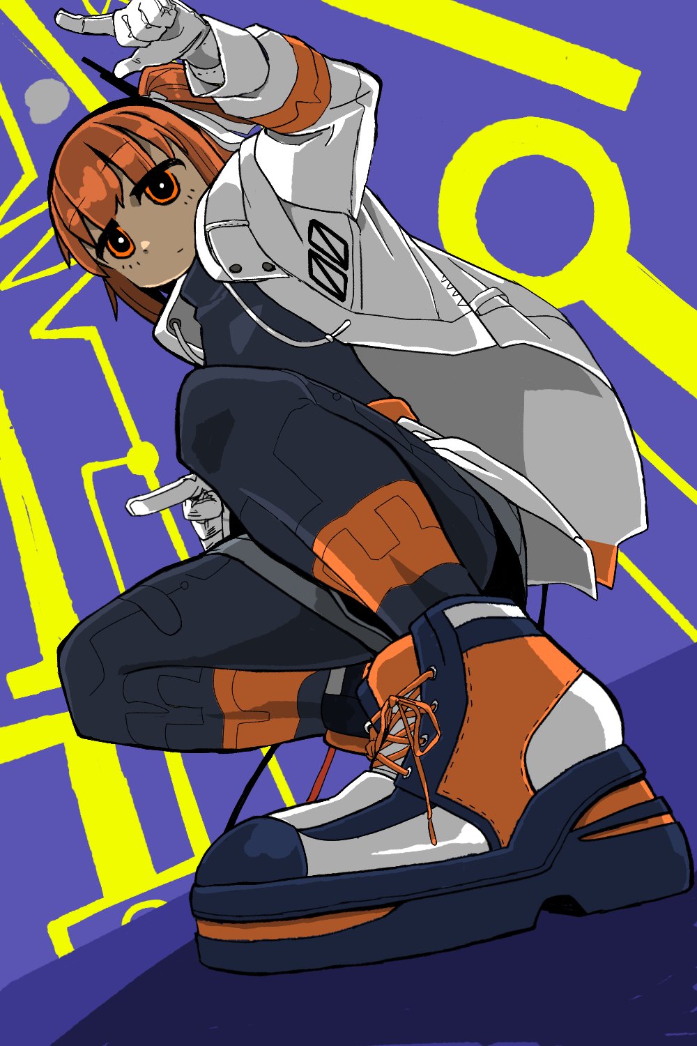 1girl a.i._voice adachi_rei arm_up belt black_eyes black_headband black_leggings black_shirt blue_background bright_pupils cable circuit_board_print expressionless eyelashes footwear_focus from_below gloves grey_shorts hair_ribbon half-closed_eyes headband highres imobatake_barei jacket leggings long_sleeves looking_at_viewer multicolored_eyes no_sclera one_side_up open_clothes open_jacket orange_belt orange_eyes orange_hair platform_footwear pointing radio_antenna ribbon shirt shoes shorts sneakers solo squatting turtleneck two-tone_background utau white_gloves white_jacket white_pupils white_ribbon yellow_background