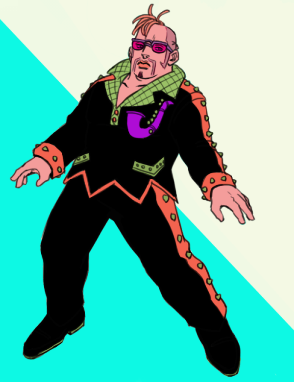 1boy brown_hair damo_tamaki facial_hair fat fat_man flat_color full_body goatee hage_tashuumi jojo_no_kimyou_na_bouken jojolion male_focus mustache solo standing sunglasses