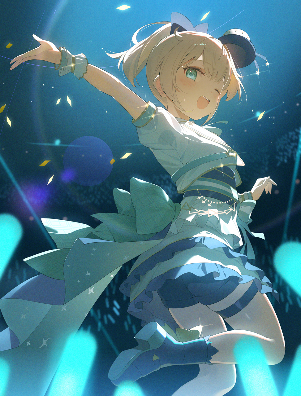 1girl alternate_costume black_shorts blonde_hair blue_bow blurry blurry_background blush bow confetti dress frilled_dress frills hair_bow hana_mori hat highres hololive kazama_iroha mini_hat mini_top_hat one_eye_closed open_mouth outstretched_arm outstretched_hand penlight ponytail shoe_soles shorts sidelocks solo stage_lights sweat teeth thigh_strap top_hat upper_teeth_only virtual_youtuber