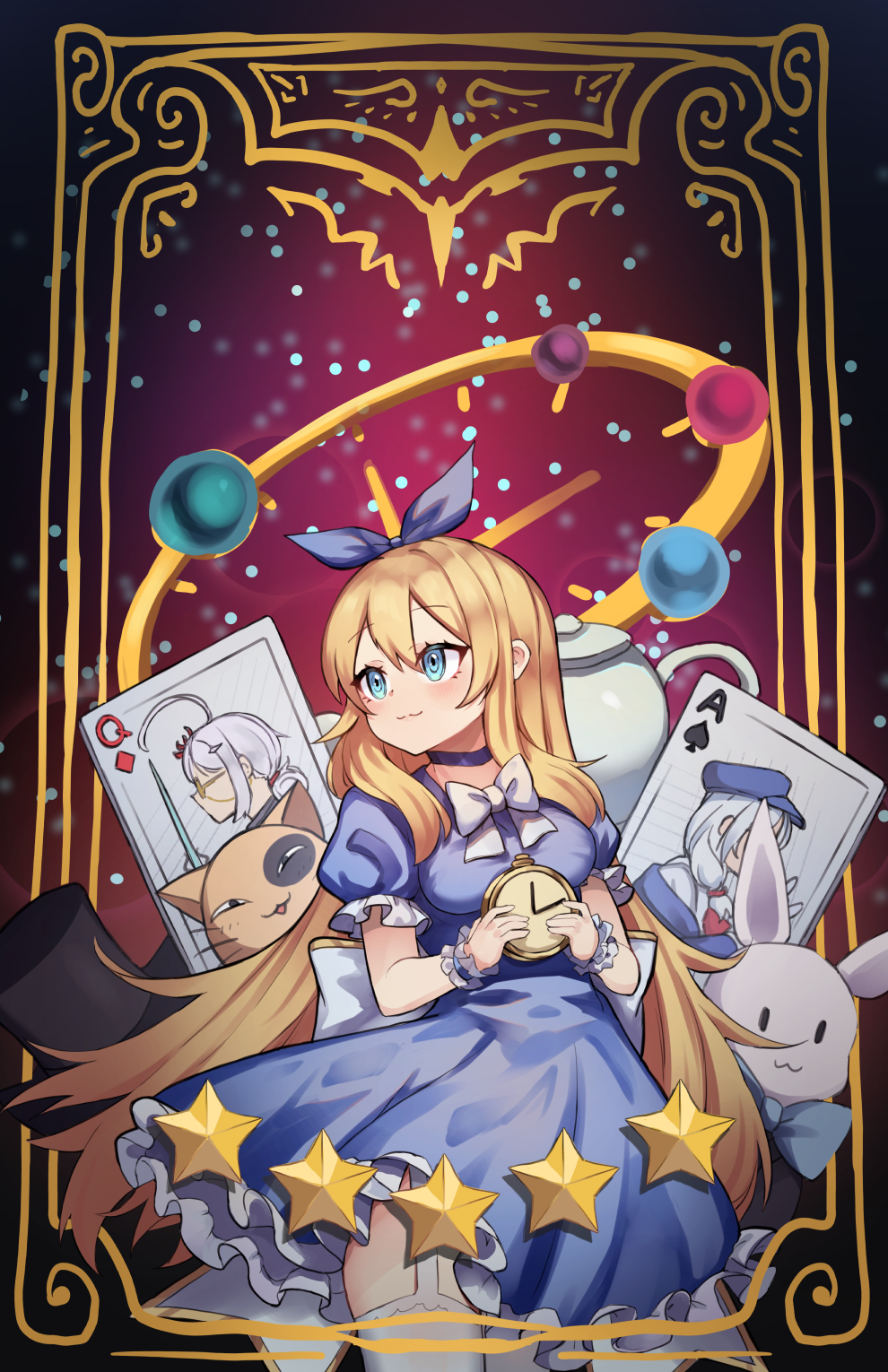 1girl alice_(alice_in_wonderland) alice_in_wonderland animal black_headwear blonde_hair blue_choker blue_eyes blue_ribbon bow breasts card cat choker clock closed_mouth diamond_(shape) garter_straps hair_between_eyes hair_ribbon hat highres holding long_hair looking_away looking_to_the_side medium_breasts miya_(miyaruta) playing_card puffy_short_sleeves puffy_sleeves rabbit ribbon short_sleeves smile solo spade_(shape) star_(symbol) thigh-highs top_hat very_long_hair white_bow white_rabbit_(alice_in_wonderland) white_thighhighs wrist_cuffs