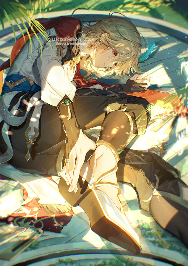 1boy black_pants blonde_hair earrings feather_hair_ornament feathers genshin_impact hair_ornament jewelry kaveh_(genshin_impact) long_sleeves lying male_focus medium_hair on_side palm_leaf pants putting_on_shoes red_eyes ring shirt signature solo urashima_(hidoro_mgmg) white_shirt