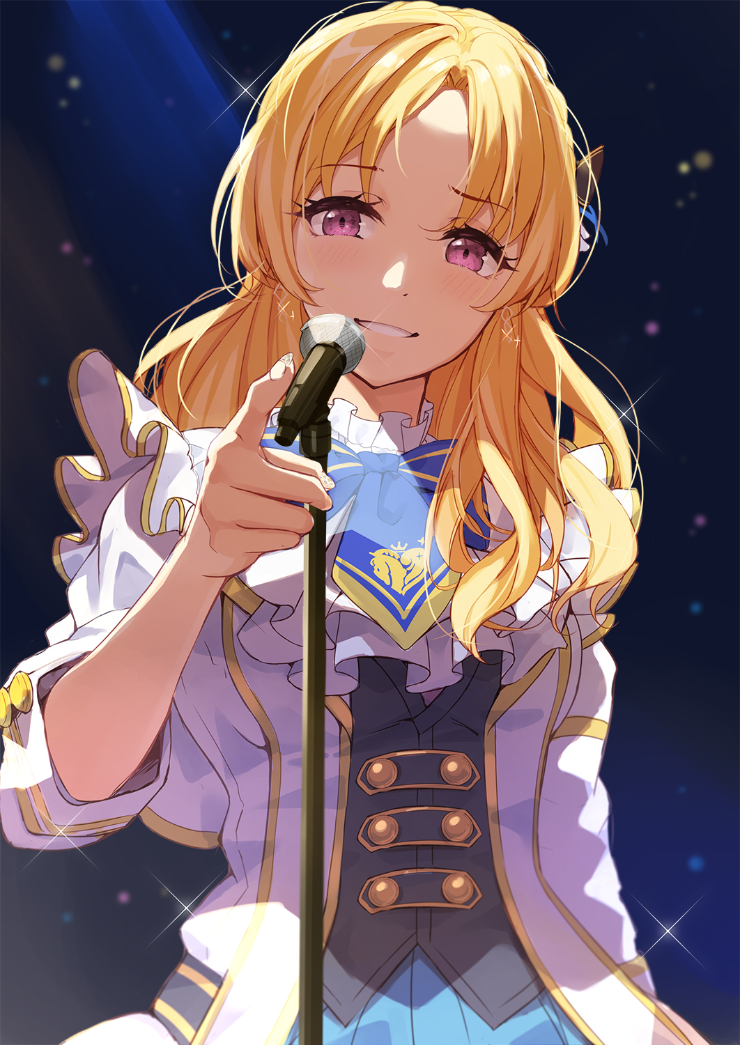 1girl black_background blonde_hair blue_neckerchief blush breasts dress earrings elbow_sleeve frilled_dress frills hair_ornament highres idolmaster idolmaster_cinderella_girls idolmaster_cinderella_girls_starlight_stage jewelry kiryu_tsukasa_(idolmaster) long_hair looking_at_viewer medium_breasts microphone microphone_stand neckerchief nira_(vira) open_mouth pointing pointing_at_viewer smile solo violet_eyes wavy_hair white_dress
