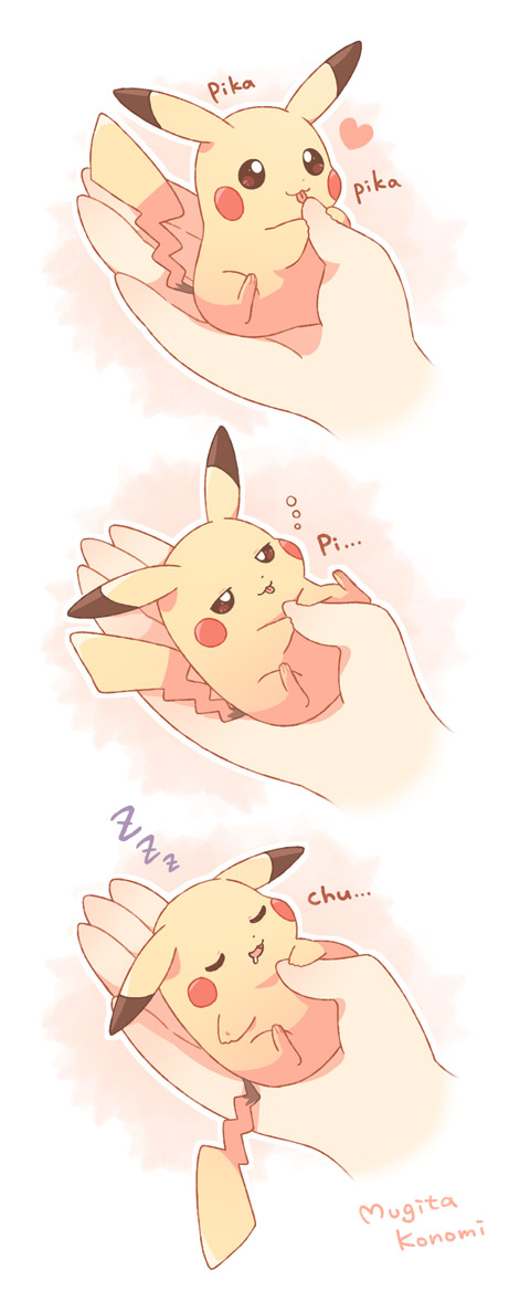bright_pupils brown_eyes bubble closed_mouth commentary_request disembodied_limb drooling half-closed_eyes heart holding holding_pokemon mugita_konomi open_mouth pikachu pokemon pokemon_(creature) saliva signature sleeping sleepy tongue tongue_out white_pupils zzz