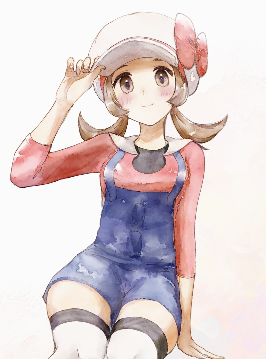 1girl arm_support asuka_rkgk blue_overalls blush bow brown_eyes brown_hair cabbie_hat closed_mouth hand_on_headwear hand_up hat hat_bow highres long_hair looking_at_viewer lyra_(pokemon) overalls pokemon pokemon_(game) pokemon_hgss red_bow red_shirt shirt simple_background sitting smile solo thigh-highs twintails white_background white_headwear