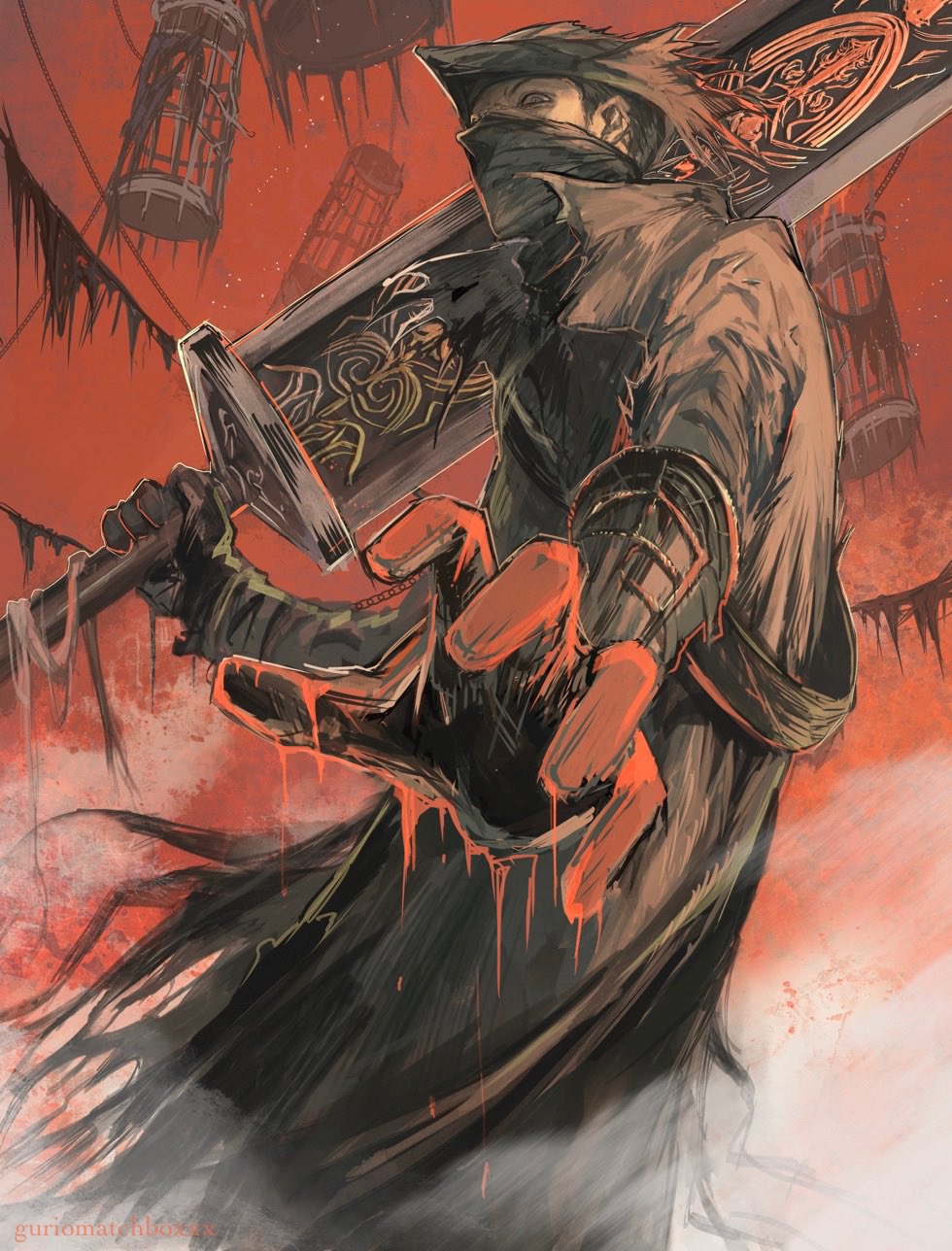 1boy artist_name black_coat black_gloves black_headwear blood blood_on_hands bloodborne bracer cage coat covered_mouth feet_out_of_frame gloves greatsword guri_otoko hat highres holding holding_weapon hunter_(bloodborne) long_sleeves looking_at_viewer ludwig's_holy_blade male_focus mask mouth_mask red_background short_hair solo standing sword tricorne weapon