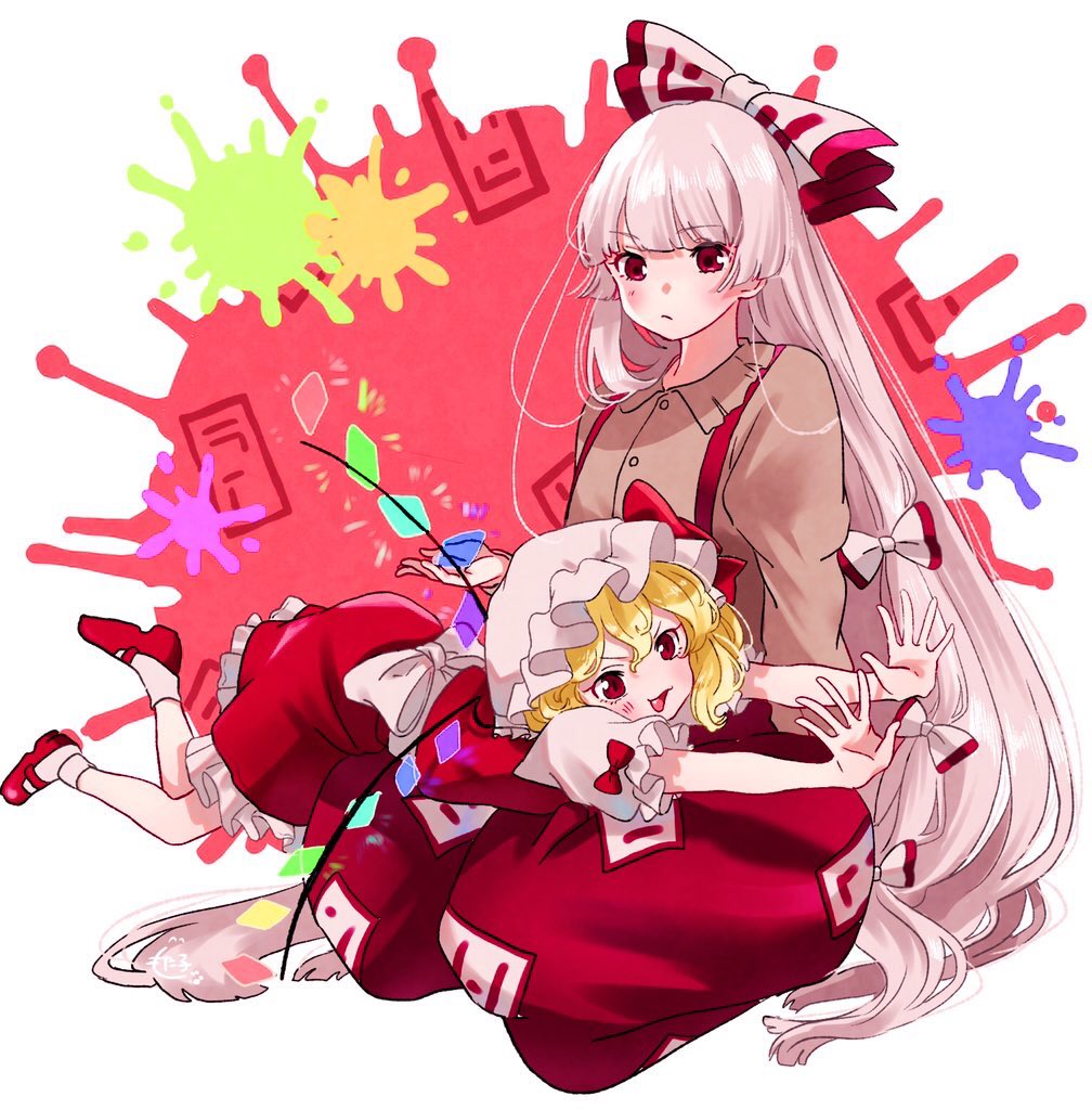 2girls :d blonde_hair blunt_bangs bow closed_mouth collared_shirt commentary_request crystal flandre_scarlet frilled_skirt frills fujiwara_no_mokou full_body grey_shirt hair_bow hat hat_ribbon holding_crystal long_hair long_sleeves looking_at_viewer lying lying_on_lap mary_janes mob_cap mokoiscat multiple_girls ofuda ofuda_on_clothes on_stomach open_mouth pants red_bow red_eyes red_footwear red_pants red_skirt red_vest ribbon seiza shirt shoes short_sleeves sitting skirt skirt_set smile socks suspenders touhou two-tone_bow v-shaped_eyebrows very_long_hair vest white_bow white_hair white_shirt white_socks wings