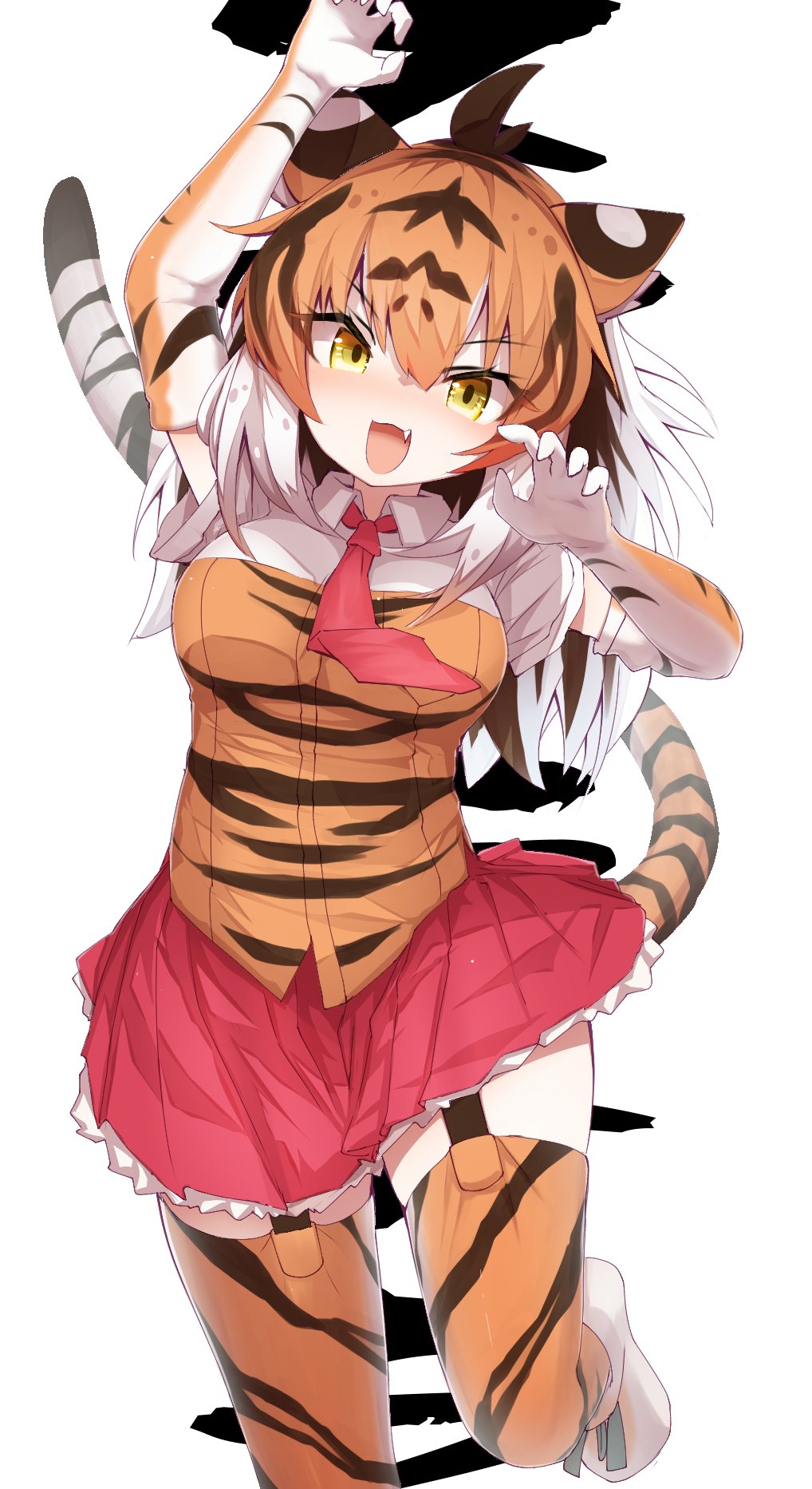 1girl animal_ears animal_print arm_up brown_hair collared_shirt colored_inner_hair commentary elbow_gloves eyelashes fang foot_up forked_eyebrows garter_straps gloves hair_between_eyes hand_up highres karekusa_meronu kemono_friends long_hair looking_at_viewer miniskirt multicolored_hair necktie open_mouth orange_hair print_gloves print_shirt print_thighhighs red_necktie red_skirt shirt short_sleeves simple_background skirt smile solo sumatran_tiger_(kemono_friends) symbol-only_commentary tail thigh-highs tiger_ears tiger_girl tiger_print tiger_tail white_background white_hair wing_collar yellow_eyes zettai_ryouiki