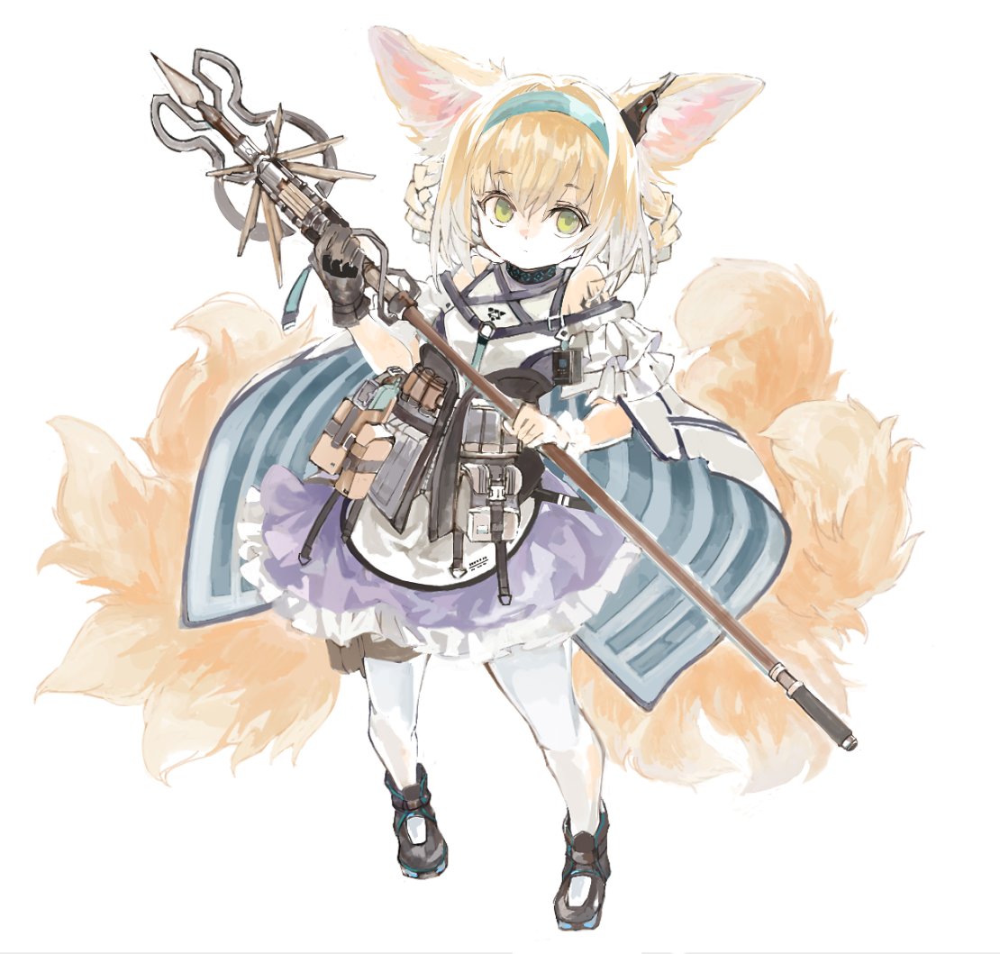 1girl animal_ears arknights bare_shoulders black_collar black_footwear blonde_hair blue_cape blue_hairband braid cape closed_mouth clothing_cutout collar commentary_request dress earpiece fox_ears fox_girl fox_tail frilled_dress frills green_eyes hairband hands_up holding holding_staff infection_monitor_(arknights) kitsune konabetate kyuubi looking_at_viewer multicolored_clothes multicolored_dress multicolored_hair multiple_tails oripathy_lesion_(arknights) pantyhose purple_dress short_hair shoulder_cutout solo staff striped_cape suzuran_(arknights) tail twin_braids two-tone_dress two-tone_hair white_background white_pantyhose