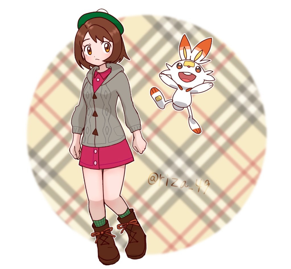 1girl bob_cut boots border brown_eyes brown_footwear brown_hair buttons cable_knit cardigan closed_mouth collared_dress commentary_request dress eyelashes full_body gloria_(pokemon) green_headwear green_socks grey_cardigan hat hooded_cardigan outline pink_dress plaid plaid_background plaid_socks pokemon pokemon_(creature) pokemon_(game) pokemon_swsh scorbunny shiogi_(riza_49) short_hair socks tam_o'_shanter twitter_username watermark white_border