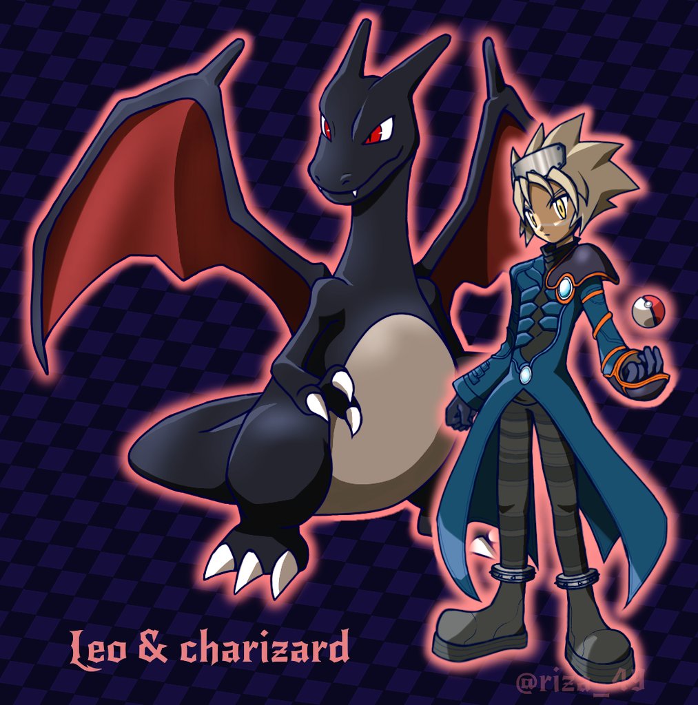 1boy alternate_color blonde_hair blue_coat boots character_name charizard closed_mouth coat commentary_request gloves grid_background looking_down male_focus outline pants poke_ball poke_ball_(basic) pokemon pokemon_(creature) pokemon_(game) pokemon_colosseum shiny_pokemon shiogi_(riza_49) short_hair spiky_hair standing twitter_username watermark wes_(pokemon) yellow_eyes