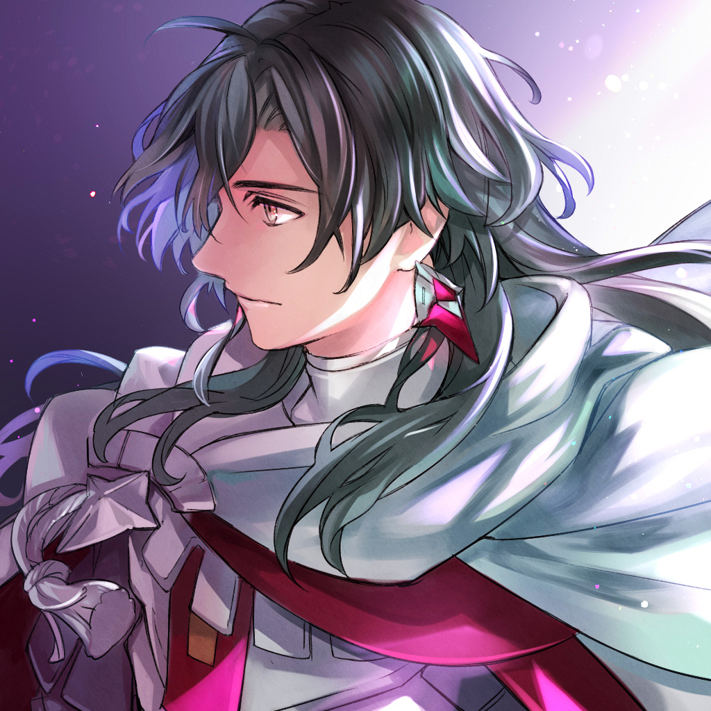 1boy armor black_hair cloak closed_mouth constantine_xi_(fate) earrings expressionless fate/grand_order fate_(series) gradient_background grey_eyes hair_between_eyes heki0529 jewelry light_particles long_hair looking_to_the_side male_focus profile purple_background solo tassel upper_body white_armor white_cloak