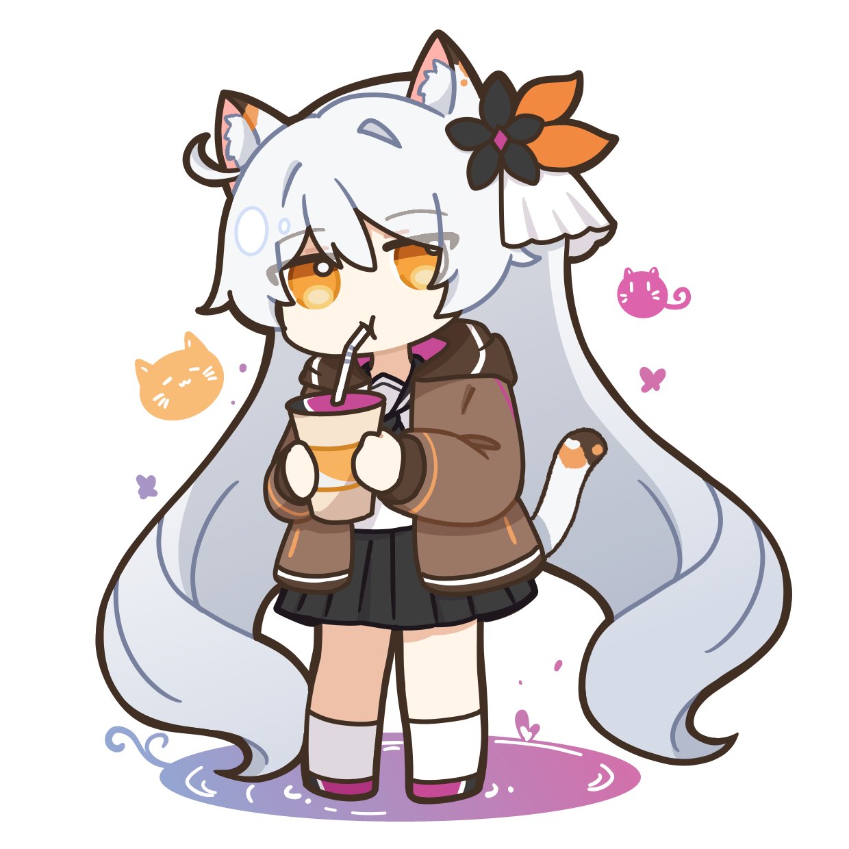 1girl animal_ears bendy_straw black_sailor_collar black_skirt brown_jacket cat_ears cat_girl cat_tail chibi commentary_request cup disposable_cup drinking_straw full_body grey_hair hair_between_eyes highres holding holding_cup honkai_(series) honkai_impact_3rd hood hood_down hooded_jacket jacket kemonomimi_mode kiana_kaslana kiana_kaslana_(herrscher_of_the_void) long_hair long_sleeves open_clothes open_jacket orange_eyes pleated_skirt puffy_long_sleeves puffy_sleeves purple_footwear sailor_collar school_uniform serafuku shirt shoes simple_background skirt socks solo standing tail very_long_hair white_background white_shirt white_socks youtho_(cfztudv8qzpfhrz)