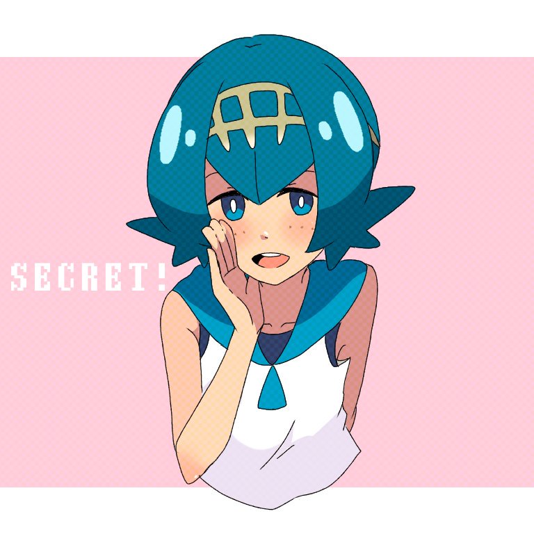 1girl blue_eyes blue_hair blue_sailor_collar blush bright_pupils commentary_request freckles hairband hand_up lana_(pokemon) leaning_forward looking_at_viewer mizu_majuu_(waterman10) no_sclera one-piece_swimsuit open_mouth pink_background pokemon pokemon_(game) pokemon_sm sailor_collar shirt short_hair sleeveless sleeveless_shirt smile solo swimsuit swimsuit_under_clothes teeth tongue upper_body upper_teeth_only white_pupils white_shirt yellow_hairband