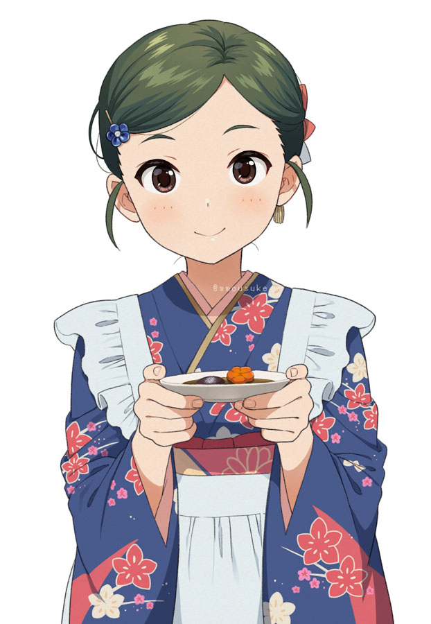 1girl apron blue_kimono blush brown_eyes closed_mouth earrings floral_print food frilled_apron frills green_hair hair_ornament hairclip holding holding_plate idolmaster idolmaster_cinderella_girls idolmaster_cinderella_girls_starlight_stage japanese_clothes jewelry kimono long_sleeves mattaku_mousuke plate short_hair shuto_aoi simple_background smile solo twitter_username white_apron white_background