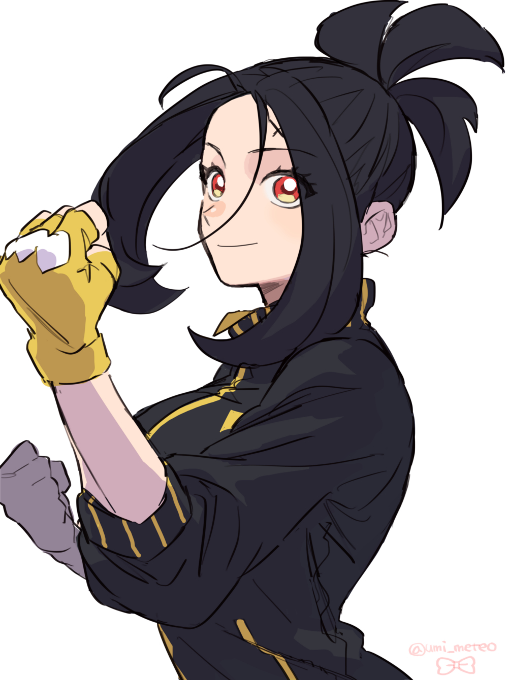 1girl black_hair black_jacket clenched_hands closed_mouth commentary cross_scar dendra_(pokemon) eyelashes fingerless_gloves gloves highres jacket pokemon pokemon_(game) pokemon_sv ponytail red_eyes scar scar_on_face scar_on_forehead sidelocks smile solo symbol-only_commentary twitter_username umi_meteo upper_body watermark yellow_gloves