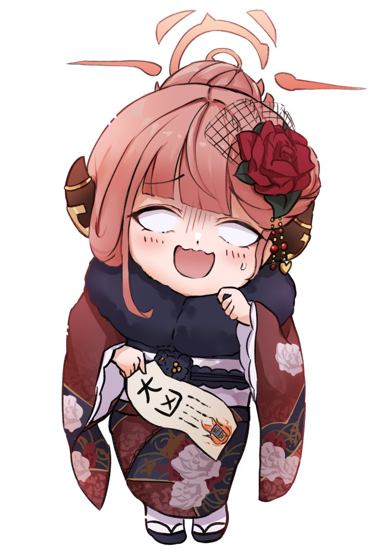 :d aru_(blue_archive) aru_(new_year)_(blue_archive) blue_archive blunt_bangs chibi commentary_request demon_girl demon_horns flower full_body fur_scarf hair_bun hair_flower hair_ornament halo holding holding_paper horns japanese_clothes kimono long_hair long_sleeves looking_at_viewer new_year official_alternate_costume ohbuya omikuji paper redhead scarf sidelocks simple_background single_hair_bun smile standing white_background wide_sleeves
