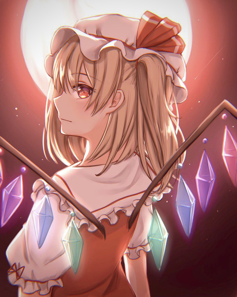 1girl :| backlighting blonde_hair bloom blush bo_cota chromatic_aberration closed_mouth crystal expressionless flandre_scarlet full_moon hat looking_back medium_hair mob_cap moon moonlight night one_side_up profile puffy_sleeves red_eyes red_moon red_sky short_sleeves sky solo star_(sky) touhou upper_body wings