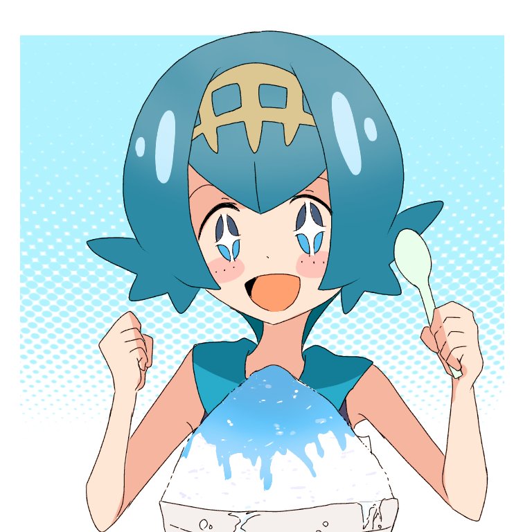 +_+ 1girl :d bare_arms blue_eyes blue_hair blue_sailor_collar blush_stickers border commentary_request excited food freckles hairband hands_up holding holding_spoon lana_(pokemon) mizu_majuu_(waterman10) no_sclera open_mouth pokemon pokemon_(game) pokemon_sm sailor_collar shaved_ice short_hair smile solo spoon upper_body w_arms white_border yellow_hairband