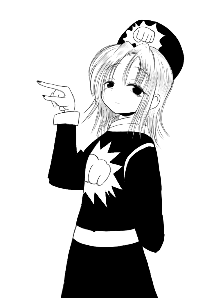 1girl black_eyes commentary_request hat hunter_x_hunter medium_hair nail_polish official_style pointing sidelocks simple_background smile solo white_background zero_hero