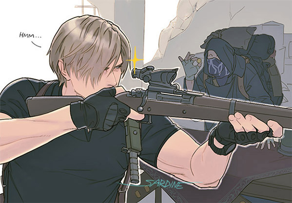 2boys ^_^ acog aiming artist_name bag bayonet black_coat black_gloves bolt_action closed_eyes coat coin english_commentary english_text fingerless_gloves gloves gun hair_over_one_eye hand_on_table holding holding_coin holster leon_s._kennedy m1903_springfield mask merchant_(resident_evil) mouth_mask multiple_boys muscular resident_evil resident_evil_4 rifle sardine_(kjr0313) scope short_hair simple_background sniper_rifle standing table upper_body weapon