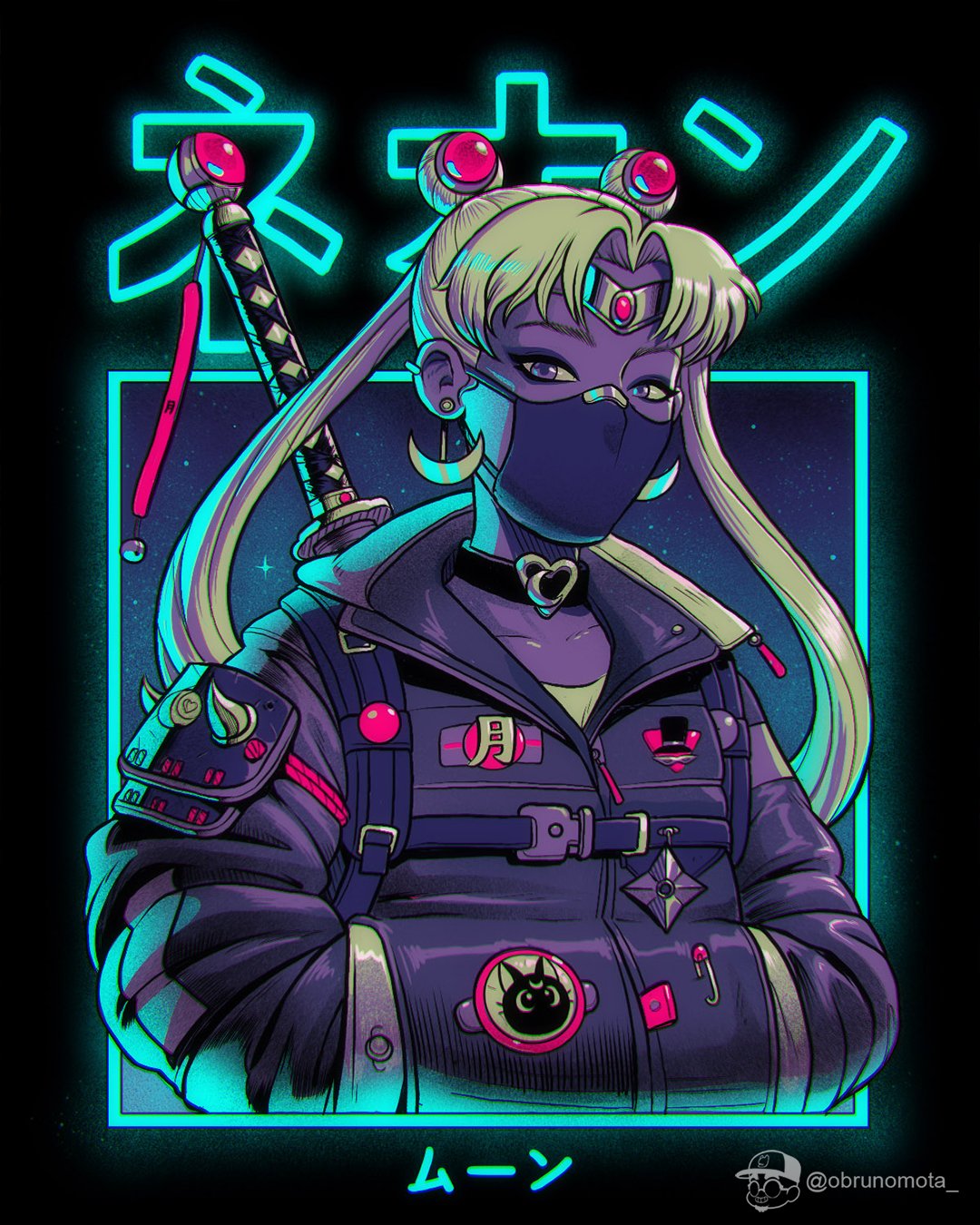 1girl alternate_costume bishoujo_senshi_sailor_moon black_border black_choker black_coat black_mask blonde_hair border bruno_mota choker coat crescent crescent_earrings diadem double_bun earrings hair_bun hands_in_pocket highres instagram_username jewelry long_hair long_sleeves looking_at_viewer mask mouth_mask neon_lights parted_bangs safety_pin sailor_moon solo sword twintails upper_body weapon