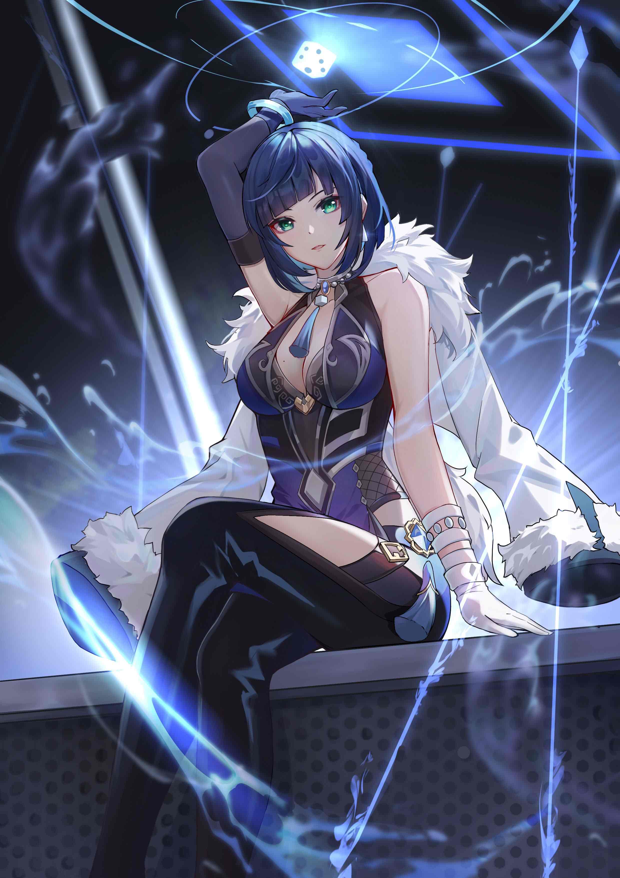 absurdres alexistwo2 asymmetrical_gloves bead_choker blue_eyes blue_hair bob_cut crossed_legs diagonal_bangs dice feather-trimmed_jacket feather_collar genshin_impact gloves highres jewelry mismatched_gloves neck_tassel necklace tassel water yelan_(genshin_impact)