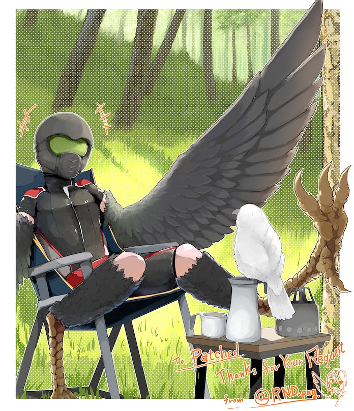 1other bird bird_legs black_feathers black_wings camping_chair carafe commission cup feathers grass harpy helmet monster_girl motorcycle_helmet mug notice_lines original outdoors rnd.jpg_(artist) shorts skeb_commission table talons teapot thank_you tree twitter_username wings