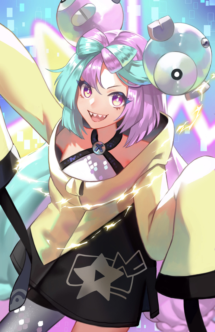 1girl :d bright_pupils character_hair_ornament commentary_request electricity green_hair grey_pantyhose hair_ornament iono_(pokemon) jacket long_hair momoirofox multicolored_hair open_mouth pantyhose pokemon pokemon_(game) pokemon_sv purple_hair sharp_teeth shirt single_leg_pantyhose sleeveless sleeveless_shirt sleeves_past_fingers sleeves_past_wrists smile solo star_(symbol) star_print teeth twintails two-tone_hair upper_teeth_only violet_eyes yellow_jacket