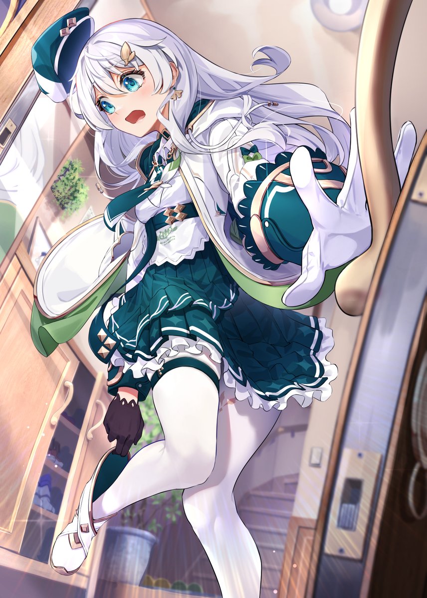 1girl :o asymmetrical_gloves beret black_gloves blue_eyes blurry blurry_background cabinet door dress earrings frilled_dress frills gloves green_necktie hair_ornament hamanashi_(trapiorra) hat highres honkai_(series) honkai_impact_3rd indoors jacket jewelry long_hair long_sleeves looking_at_mirror mirror mismatched_gloves necktie open_mouth pantyhose solo stairs theresa_apocalypse theresa_apocalypse_(twilight_paladin) white_dress white_gloves white_hair white_jacket white_pantyhose