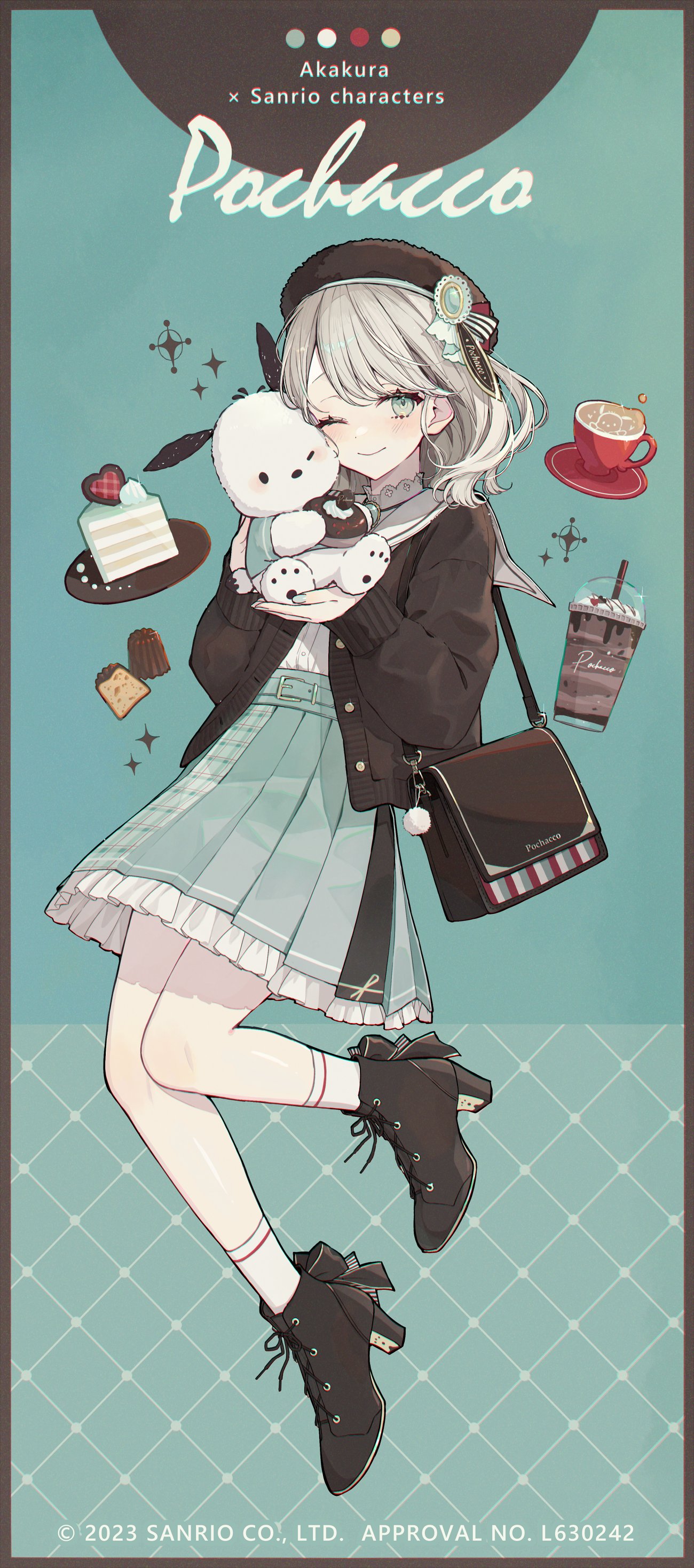 1girl absurdres akakura arms_up artist_name bag black_footwear black_headwear black_jacket black_ribbon cake character_name closed_mouth copyright_name cross-laced_footwear cup drinking_straw food full_body green_eyes green_skirt grey_hair high_heels highres jacket long_sleeves looking_at_viewer one_eye_closed open_clothes open_jacket pleated_skirt pochacco ribbon sanrio shirt short_hair skirt smile socks solo stuffed_toy white_shirt white_socks