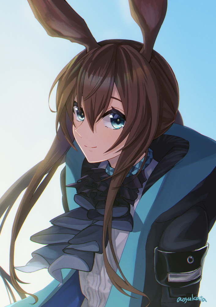 1girl amiya_(arknights) animal_ears arknights black_jacket blue_background blue_eyes brown_hair closed_mouth commentary_request floating_hair gradient_background grey_background haiteng hood hood_down hooded_jacket jacket long_hair looking_at_viewer open_clothes open_jacket ponytail rabbit_ears shirt sidelocks signature smile solo upper_body very_long_hair white_shirt