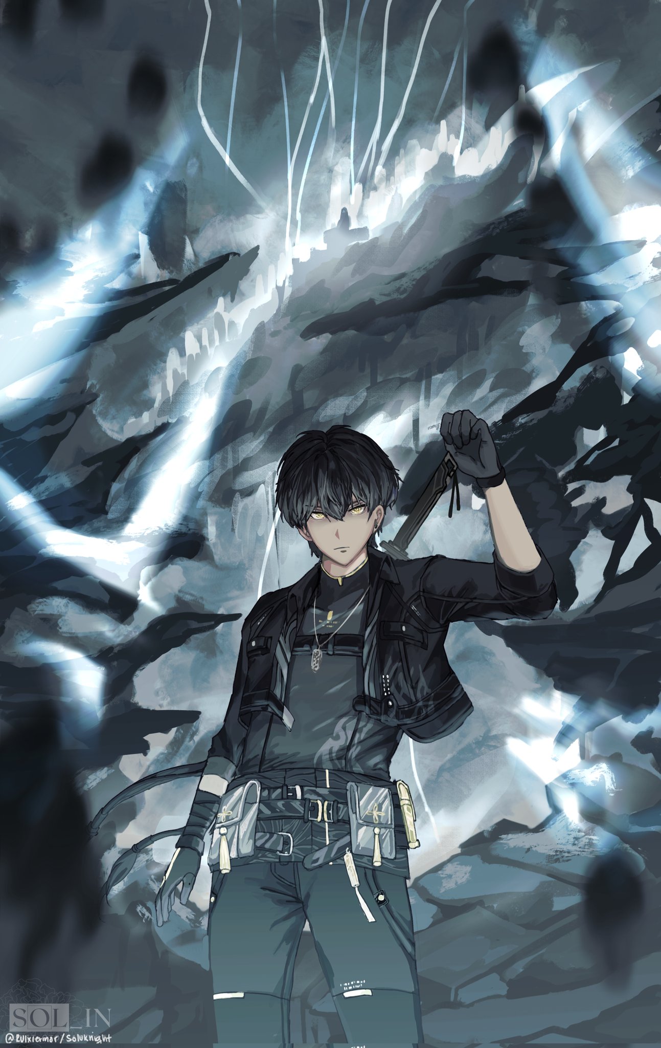 1boy black_gloves black_hair black_jacket closed_mouth gloves grey_shirt hand_up highres jacket looking_at_viewer male_rover_(wuthering_waves) open_clothes open_jacket pants pocket rulxierinor shirt short_hair signature solo standing sword weapon weapon_on_back wuthering_waves yellow_eyes