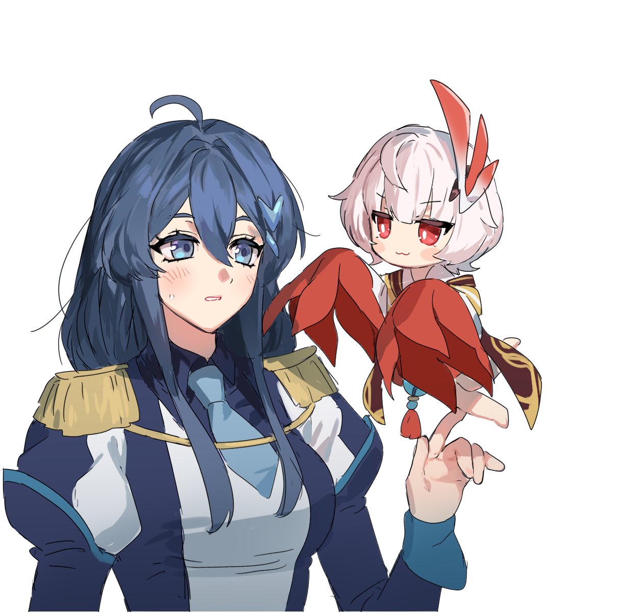 2girls :3 alternate_costume blue_eyes blue_hair blue_shirt closed_mouth collared_shirt epaulettes eye_contact eyebrows_hidden_by_hair fu_hua hair_between_eyes hair_ornament highres honkai_(series) honkai_impact_3rd jingwei_(honkai_impact) jubeol126 juliet_sleeves long_hair long_sleeves looking_at_another multiple_girls parted_lips puffy_sleeves red_eyes shirt simple_background sleeves_past_fingers sleeves_past_wrists sweat white_background white_hair