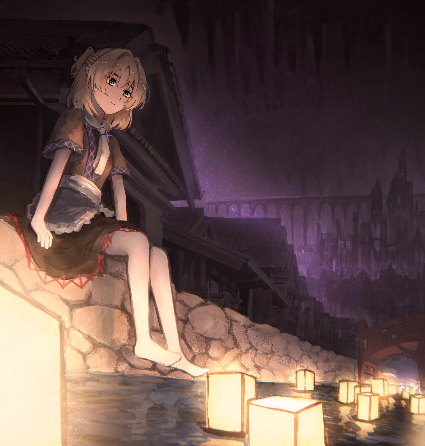 1girl architecture arm_support barefoot black_skirt blonde_hair bo_cota breasts bridge brown_shirt building chireiden city closed_mouth commentary east_asian_architecture expressionless eyes_visible_through_hair from_below full_body green_eyes highres house lantern light_particles looking_ahead looking_down medium_hair mizuhashi_parsee pantyhose pointy_ears shirt short_hair short_sleeves sitting skirt small_breasts solo stalactite touhou underground water white_pantyhose