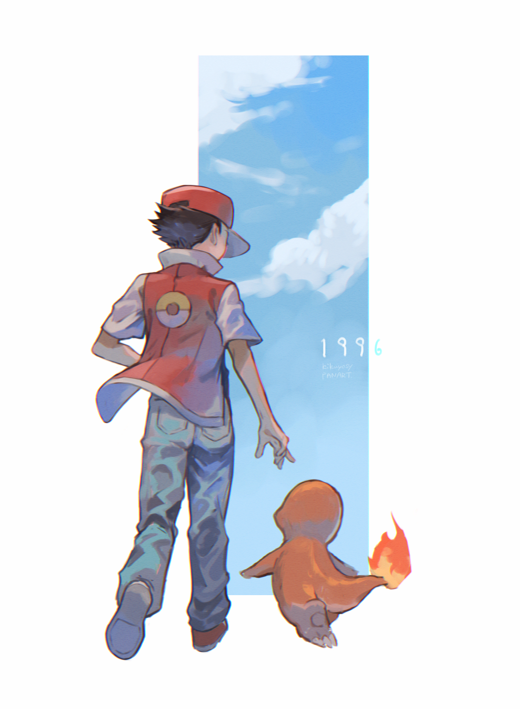 1boy black_hair charmander clouds commentary from_behind full_body hat highres jacket kikuyoshi_(tracco) male_focus pants pokemon pokemon_(creature) pokemon_(game) pokemon_rgby red_(pokemon) red_headwear shoes short_hair short_sleeves sky standing