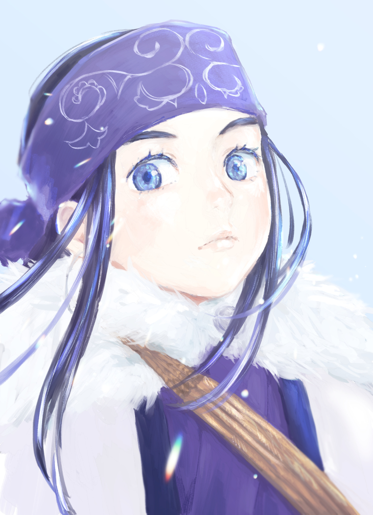 1girl ainu_clothes asirpa bandana black_hair blue_eyes c69 day earrings fur_trim golden_kamuy headband hoop_earrings jewelry long_hair looking_at_viewer outdoors purple_headband simple_background snow upper_body