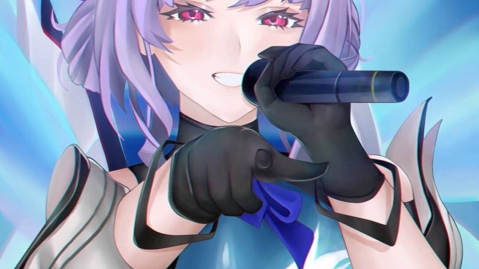 1girl chi_tay_ve_phia_nguoi_xem holding holding_microphone liliana_(lilianakokomi) looking_at_viewer microphone multicolored_hair open_mouth pink_eyes stage_background