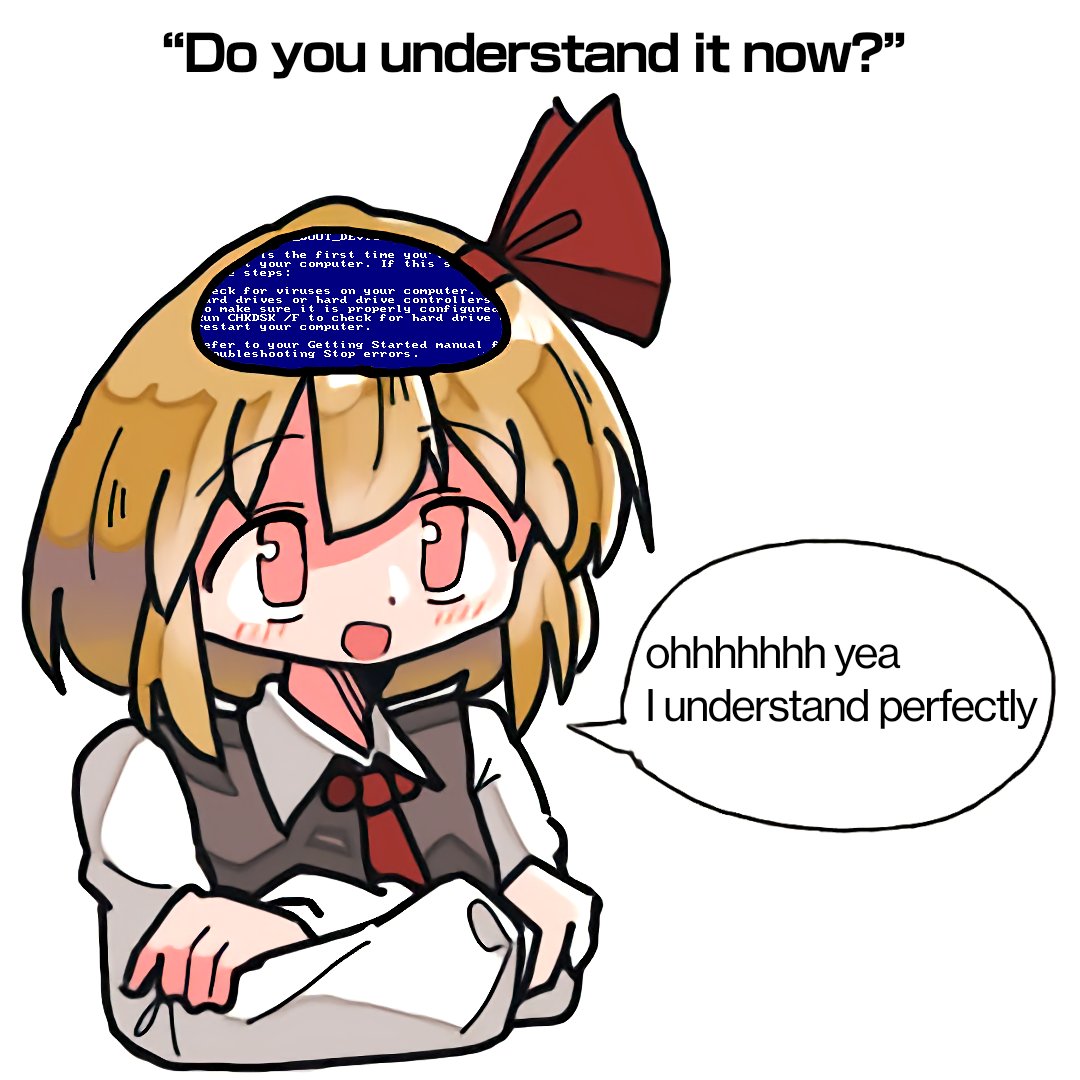 1girl black_vest blue_screen_of_death blush copyright_request english_text kasuya_baian light_smile open_mouth rumia speech_bubble touhou user_interface vest white_background