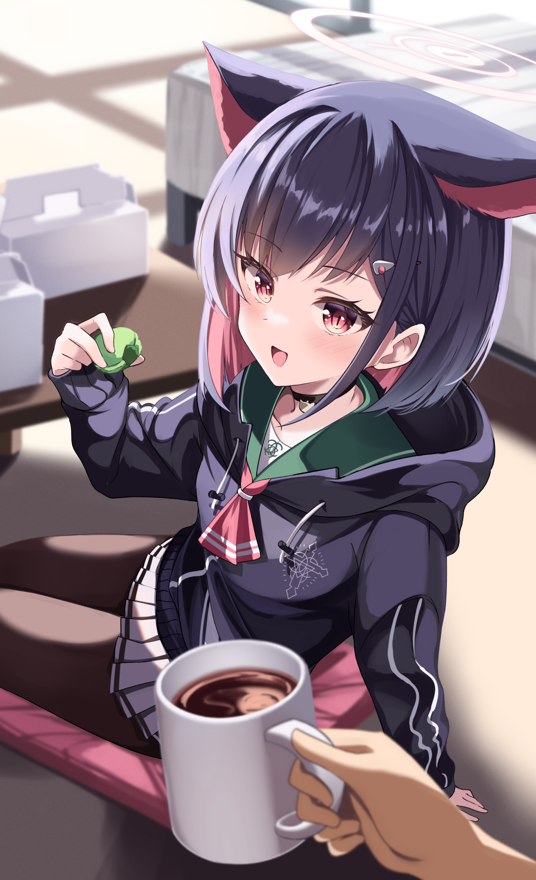 1boy 1girl :d acchii_(akina) animal_ears arm_support black_choker black_hair black_pantyhose blue_archive blunt_bangs blurry cat_ears cat_girl choker coffee coffee_mug colored_inner_hair commentary_request cup cushion depth_of_field food hair_ornament hairclip halo highres holding holding_cup holding_food hood hooded_sweater indoors kazusa_(blue_archive) leaning_back long_sleeves looking_at_viewer macaron mug multicolored_hair out_of_frame pantyhose pastry_bag pendant_choker pleated_skirt pov pov_hands red_eyes school_uniform sensei_(blue_archive) serafuku short_hair sidelocks sitting skirt smile steam sweater table tatami visible_air wariza white_skirt