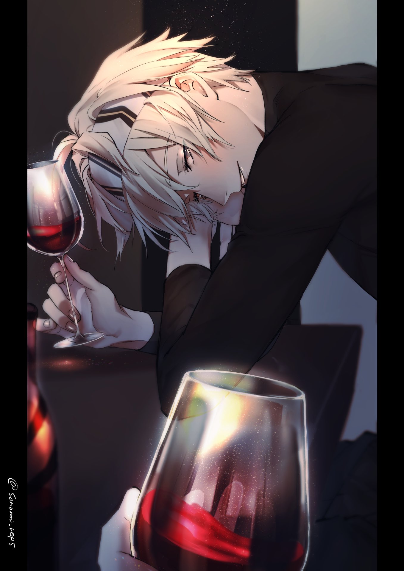 1boy 1other alchemy_stars alcohol black_shirt blush cup drinking_glass grey_eyes hair_between_eyes headband highres holding holding_cup looking_at_viewer male_focus navigator_(alchemy_stars) pillarboxed shirt smile solo_focus sonomi twitter_username white_hair wine wine_glass